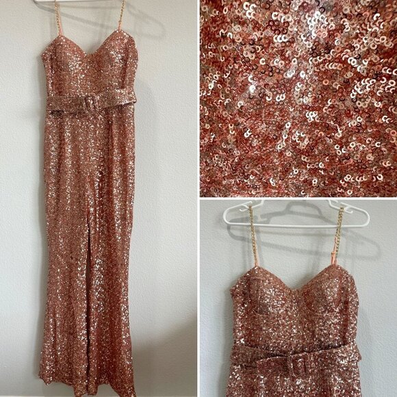 Rose Gold Sequin Sweetheart Neckline Gold Chain Spaghetti Strap Belted Jumpsuit - Picture 3 of 6